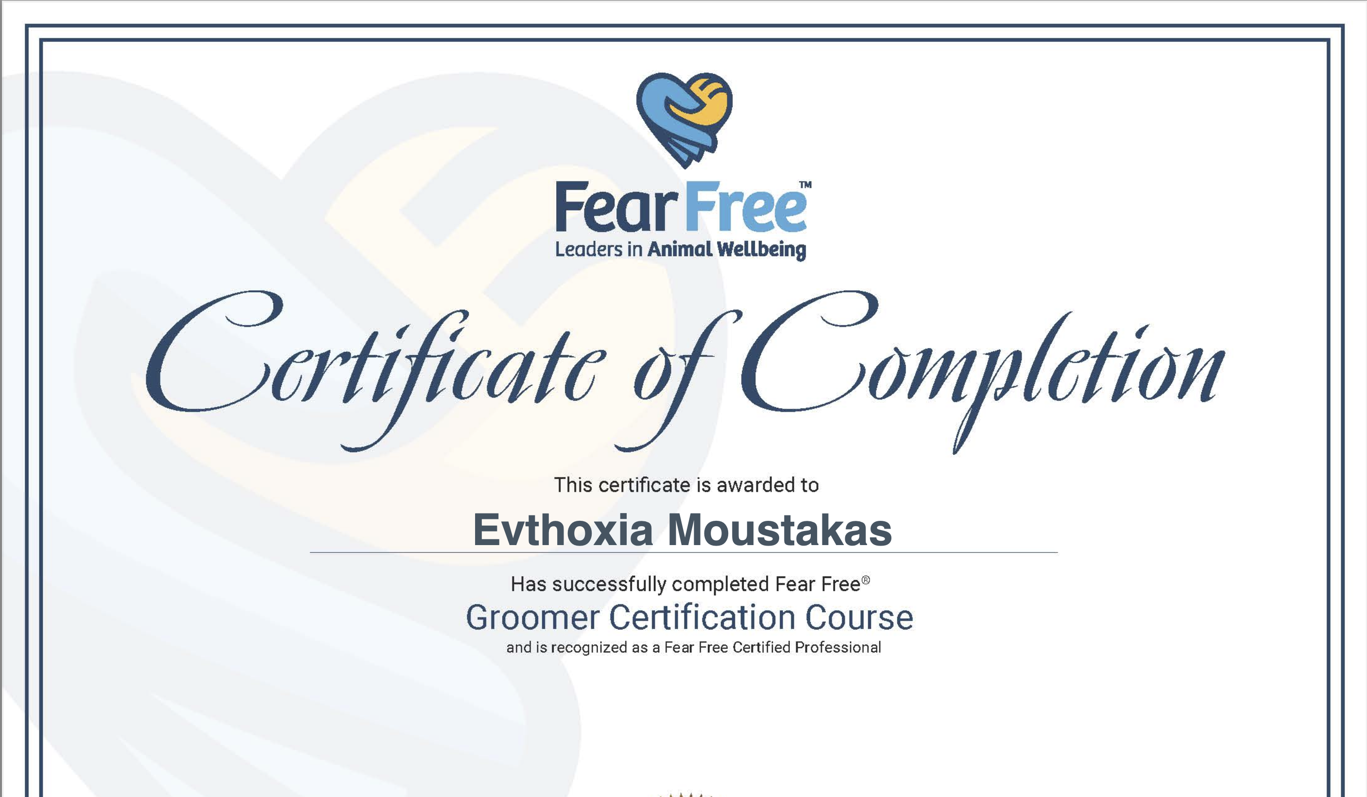 Groomer's certificate of completion for groomer certification course