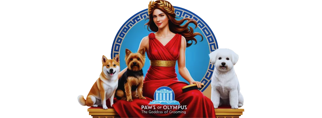 Cartoon image of a grooming goddess sitting with her three dogs